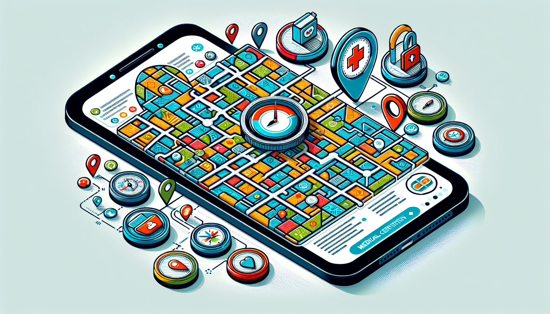 An illustrated map showing various locations marked with clocks showing different times to depict 24-hour availability for DOT physicals, with an overlay of a transparent smartphone displaying a digital map and icons representing medical certification and credibility verification.