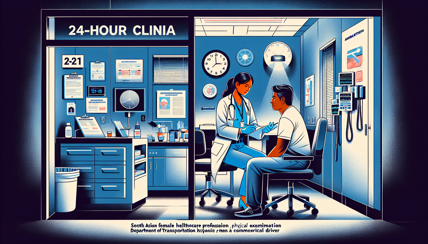 An illustrated scene inside a 24-hour clinic where a professional healthcare worker conducts a DOT Physical examination on a commercial driver, showcasing the examination room set up during nighttime with essential medical equipment and documents laid out, highlighting the calm and efficient atmosphere of after-hours healthcare.