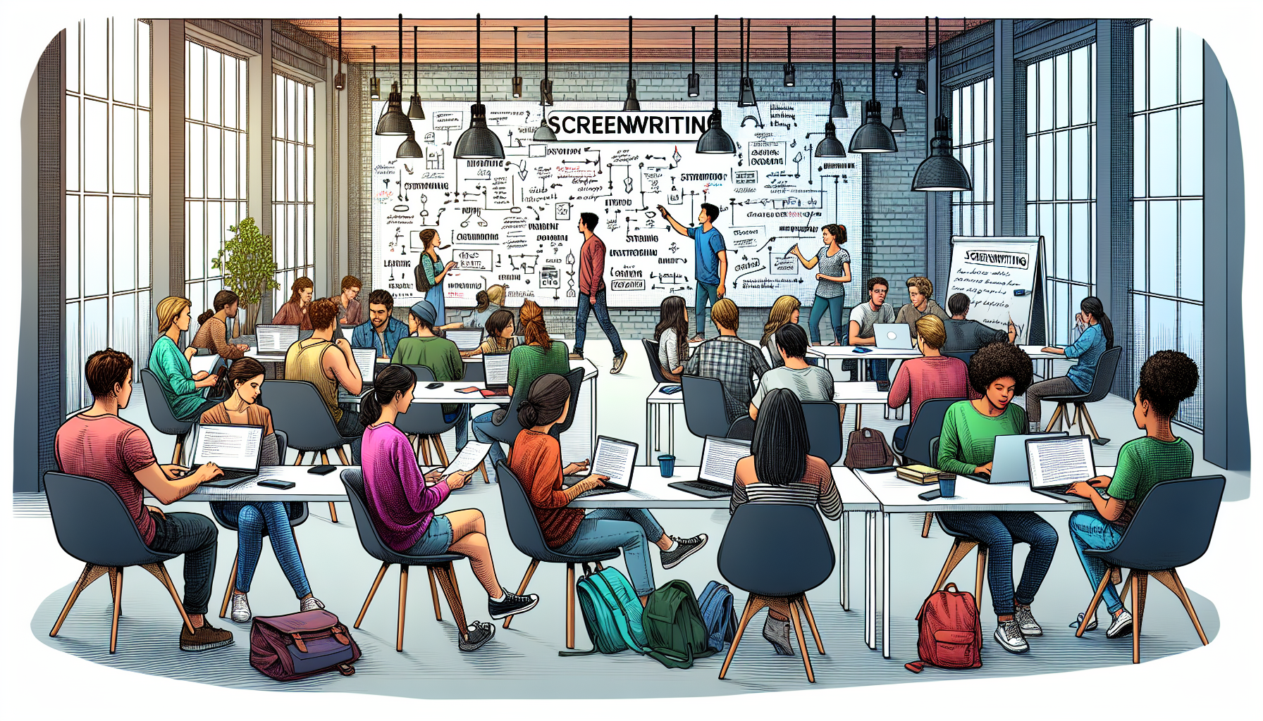Create an image that showcases a vibrant classroom or workshop setting filled with students engaging in a screenwriting course. The students are seen actively participating in discussions, working on laptops, and referencing scriptwriting books. In the background, a whiteboard is filled with notes and diagrams illustrating story arcs and narrative structures. The overall atmosphere should feel collaborative and dynamic, emphasizing the acquisition of key skills and knowledge in storytelling, narrative techniques, and script formatting that are central to screenwriting degrees.