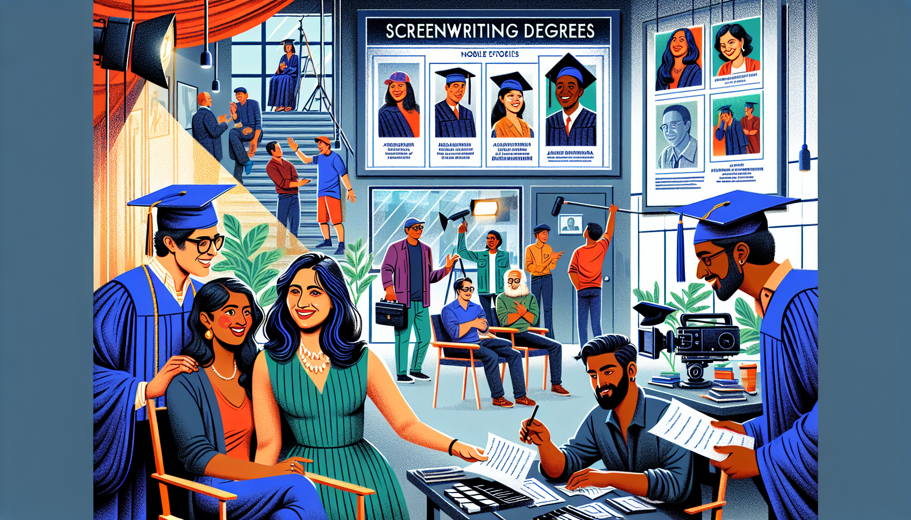 A group of screenwriting graduates celebrating at a film studio, showcasing diverse career pathways such as holding scripts, directing a scene, networking with film industry professionals, and a board displaying notable alumni success stories, all under the theme of 
