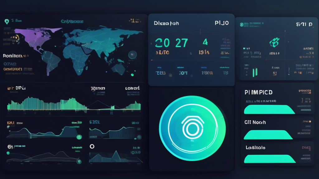 Create an image that depicts a high-tech, modern dashboard for real-time cryptocurrency tracking. The dashboard should prominently feature the Pi coin price, displayed on various screens, graphs, and charts. Include visual elements like line graphs showing price trends, a world map highlighting market activity, and notifications for important news events impacting the Pi coin. There