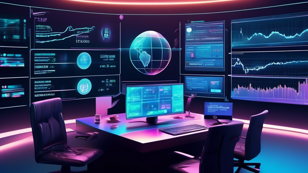 Prompt: An image depicting a futuristic financial analyst desk with holographic screens showing Pi coin price predictions. The screens feature expert forecasts, risk management strategies, and charts highlighting long-term vs short-term investment options. The background includes a digital globe representing the global reach and impact of Pi coin in the cryptocurrency market.