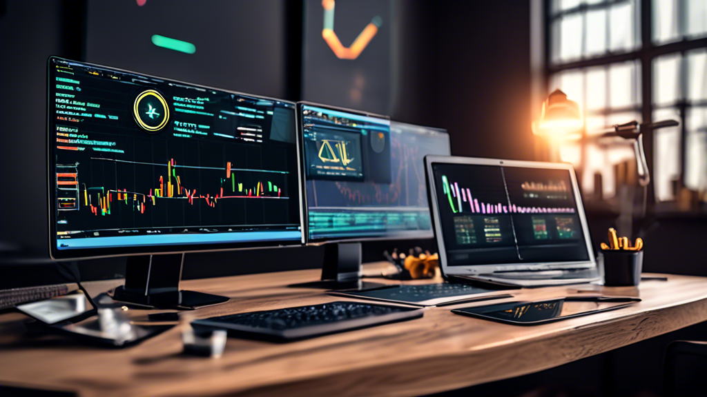 Create an image that illustrates the essential tools and platforms for day trading crypto. The scene should showcase a modern workspace with high-tech equipment. Display multiple computer monitors with charts, graphs, and real-time cryptocurrency data. Include elements such as a sleek laptop, a smartphone displaying a crypto trading app, and a table spread with notes and financial reports. Depict popular cryptocurrency logos like Bitcoin, Ethereum, and others on the screen to emphasize the focus on crypto. Emphasize the security features by showing padlocks or shield symbols on the screens, representing secure exchanges. Incorporate a trading bot icon and automation tool interface, alongside detailed analysis software. Add educational resources like open books or tablets showing webinars and online forums, highlighting community support and learning opportunities for day traders. Use a vibrant yet professional color palette suitable for a tech-savvy environment.