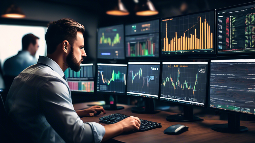 Create an image that illustrates various day trading strategies in the cryptocurrency market. Show a trader at their desk, with multiple screens displaying candlestick charts, indicators, and cryptocurrency prices. Highlight specific strategies like Scalping, Range Trading, and Trend Following through visual elements, such as annotations or pop-ups on the screens, depicting quick trades for Scalping, stable price ranges for Range Trading, and directional price movements for Trend Following. Include elements of risk management like stop-loss markers, along with notes on emotional discipline strategies for a holistic view of successful day trading in the crypto market.