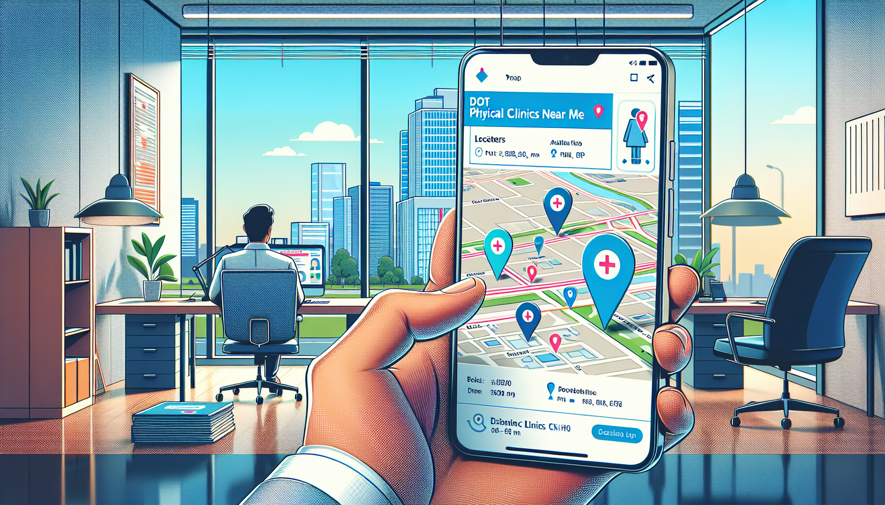 Digital artwork of a person using a smartphone to search on a map application labeled 