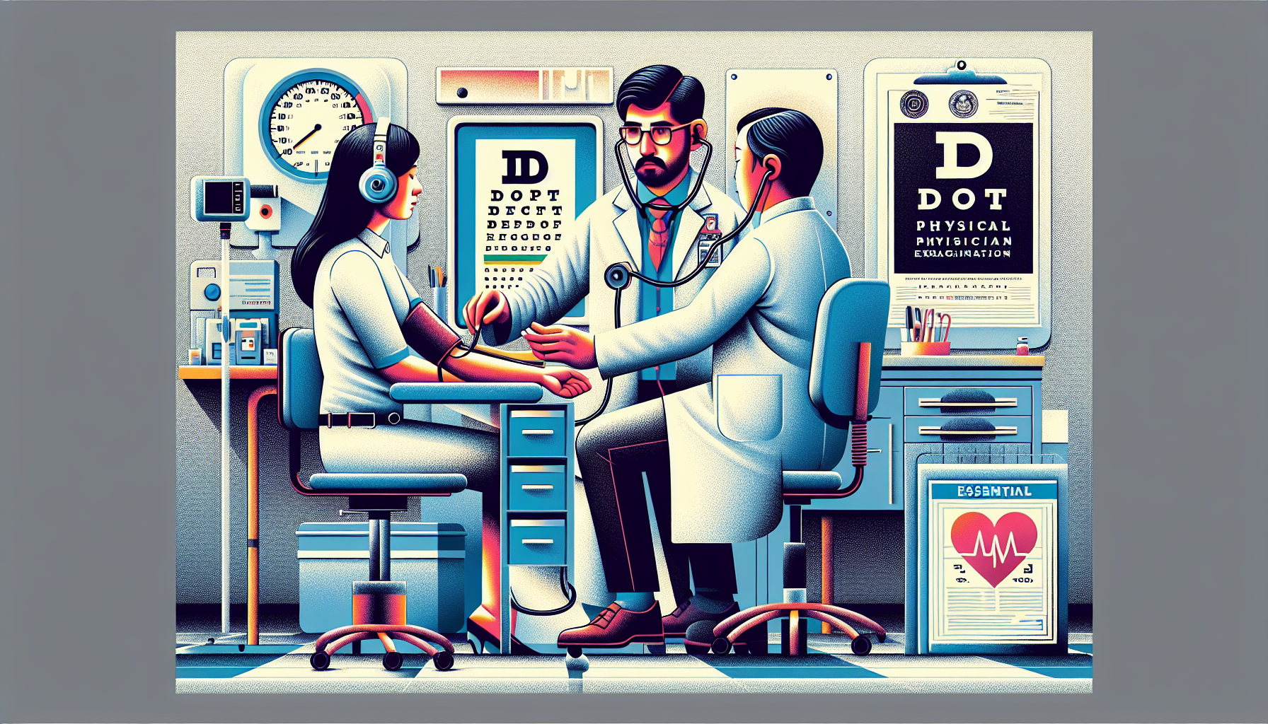 An illustration of a patient undergoing a DOT physical examination at a local clinic, featuring a medical examiner conducting various tests such as vision and hearing, with the patient looking at an eye chart and wearing headphones for a hearing test. The scene should include medical equipment like a blood pressure cuff, and display essential documents nearby. The setting is professional and calm, reflecting an organized medical office environment.