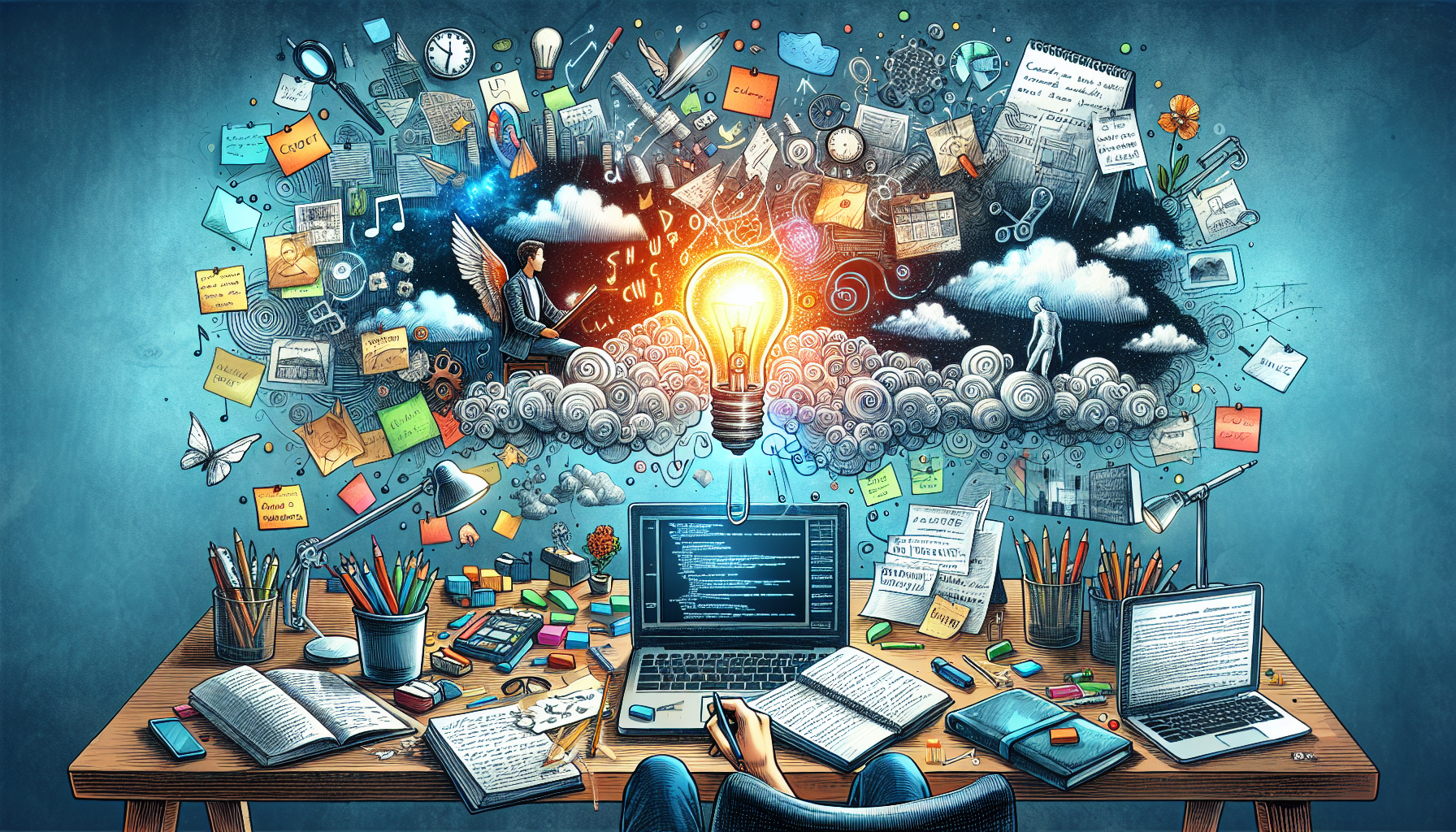 Create an image that captures a creative workspace where a beginner screenwriter is developing their story. On a cluttered desk, show various brainstorming tools like sticky notes with character ideas, a notebook with plot outlines, and a laptop opened to a screenwriting software. Add a vivid visualization of ideas coming to life: dreamy clouds of story scenes, character sketches, and a brilliant light bulb symbolizing a new logline, all floating around the workspace.