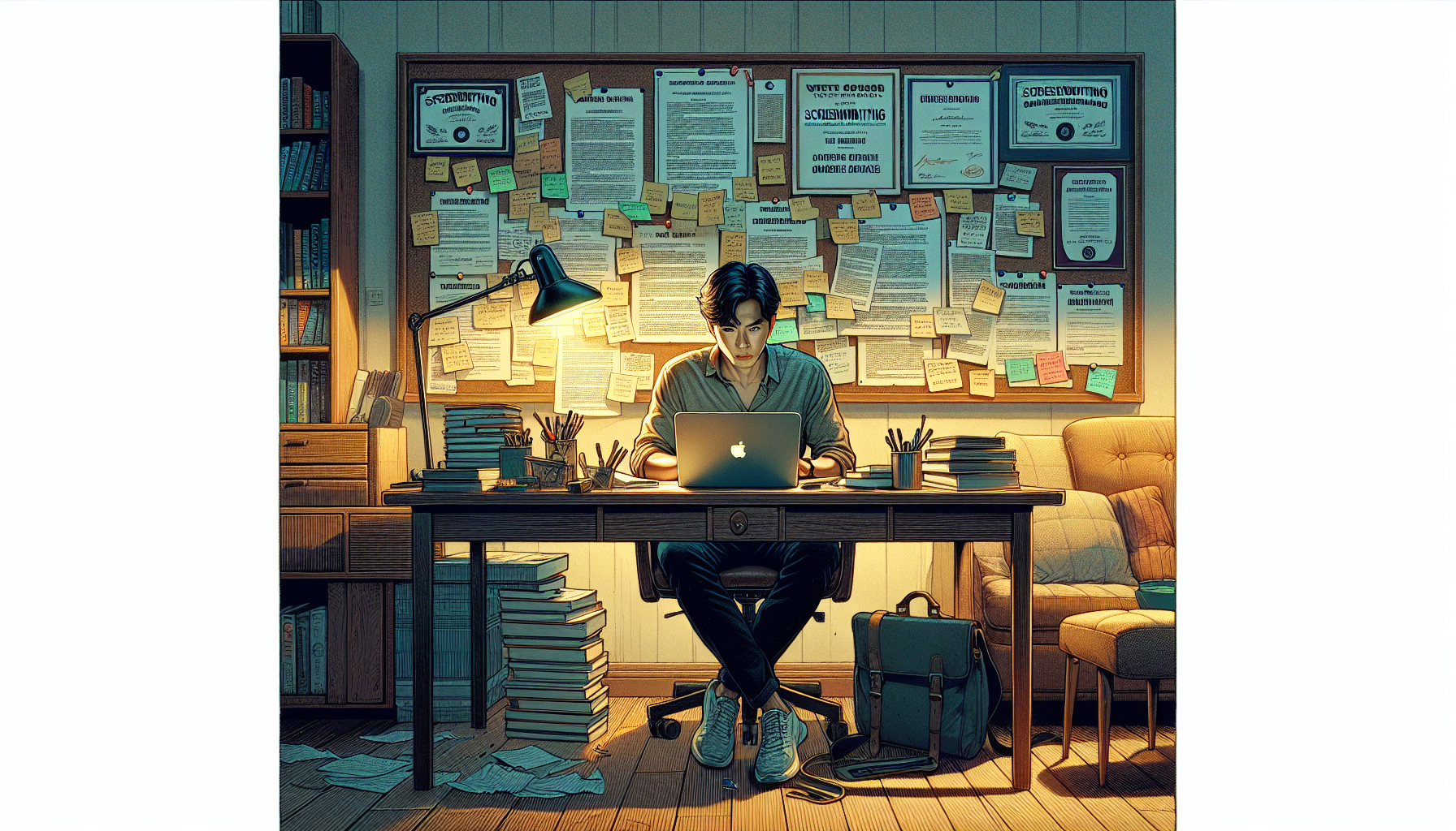 DALL-E prompt: An inspiring scene of a first-time screenwriter at their desk in a cozy, well-lit room, typing with focused determination on a laptop. Surrounding the desk are revision notes pinned on a bulletin board, highlighting feedback and edits, as well as a few award certificates for screenwriting contests. Nearby, a bookshelf filled with screenwriting guides and industry magazines, suggesting next steps like finding an agent and networking. The atmosphere should evoke creativity, motivation, and the drive to bring a script to life. Keyword: screenwriting for beginners.