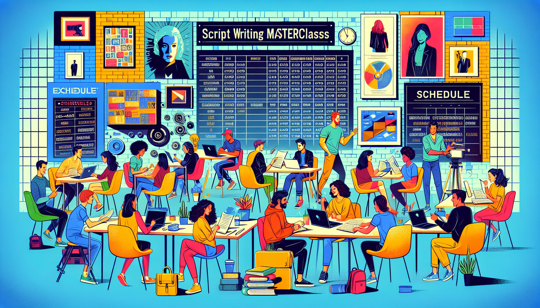 Create an image depicting a lively and dynamic classroom setting where students are engaging with expert instructors in a script writing masterclass. Highlight features like flexible course schedules displayed on a board, instructors with famous film posters behind them symbolizing their industry experience, and students networking and sharing feedback on each other