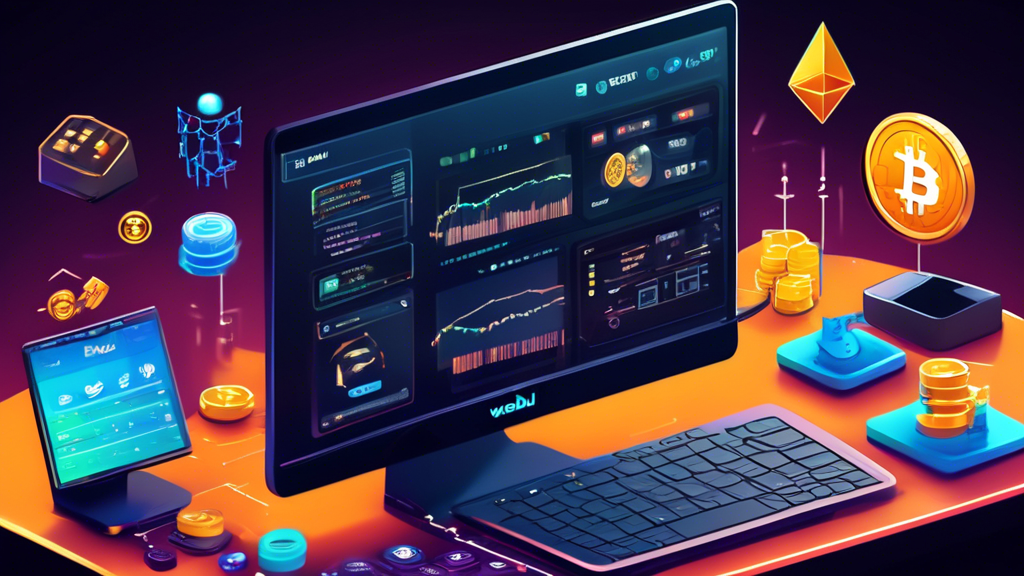 A detailed illustration of a beginner setting up a Webull Crypto account on a computer. Show the Webull Crypto interface clearly on the screen, with visible step-by-step instructions being highlighted. Surrounding the screen, include various cryptocurrency icons (like Bitcoin, Ethereum, etc.) and trading tools, to represent the comprehensive nature of the platform. Capture an atmosphere of excitement and learning.