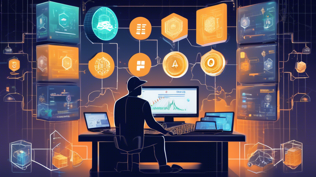 Prompt: An illustration of various investment strategies in crypto miner finance: a scene showcasing a person examining different investment options such as purchasing mining hardware, joining mining pools, and engaging in cloud mining. Next to the person, a digital dashboard displays tools for profitability analysis and risk assessment. The background features graphical representations of cryptocurrency symbols, mining rigs, and financial charts, creating a comprehensive and educational visual on crypto investment strategies.