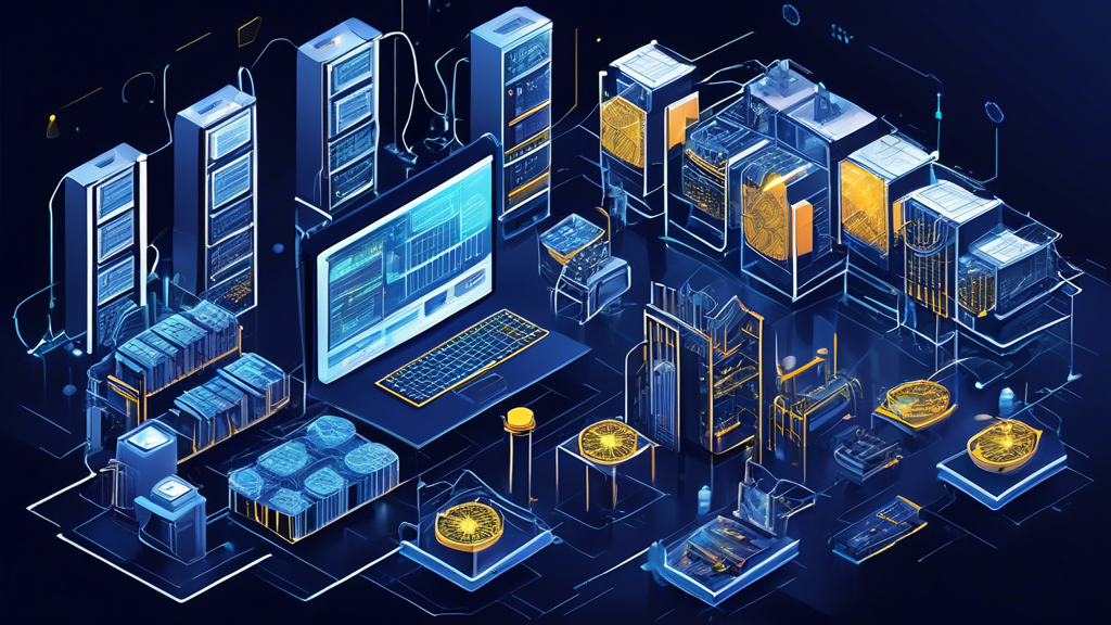 Create an intricate illustration depicting a modern crypto mining farm with sleek, high-tech mining rigs. Show various components such as cables, cooling systems, and electricity meters to emphasize the importance of cost management. Include visual elements like graphs and charts to represent efficiency optimization, and a digital screen displaying market trends and real-time analytics. The environment should evoke a sense of futuristic technology and financial strategizing within the realm of crypto miner finance.