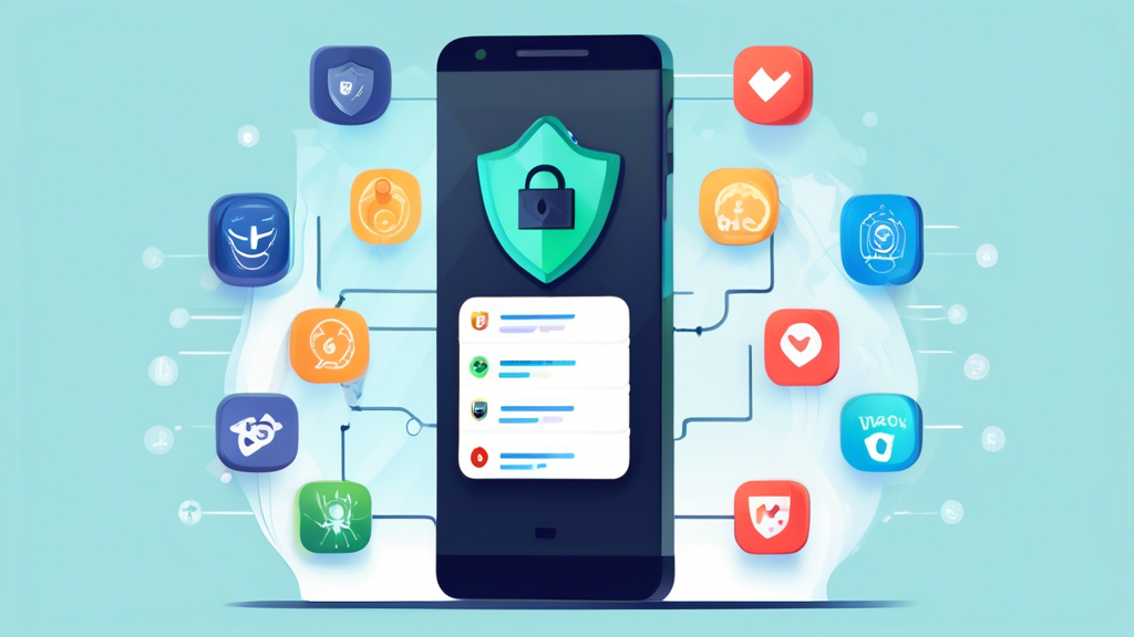 Create an image of a friendly, modern Android smartphone displaying a list of top-rated free VPN apps for 2023. The screen should show multiple app icons for different VPN services with high ratings and brief descriptions. In the background, add subtle illustrations representing security and privacy, such as padlocks, shields, and encrypted data symbols. Ensure the overall design is visually appealing with vibrant colors and a clean layout to capture the concept of comprehensive reviews, key features, and standout performance for free VPN apps on Android.