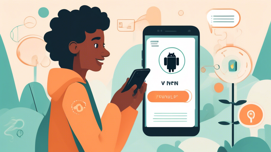 Prompt for DALL-E:

Create an illustration showing a person using an Android smartphone to download and set up a free VPN app. The scene should include step-by-step visual guides such as downloading the app from the Google Play Store, going through the installation process, and configuring the VPN settings. Incorporate clear, easy-to-follow symbols and text bubbles highlighting each step. The background should be simple but modern, focusing on the phone