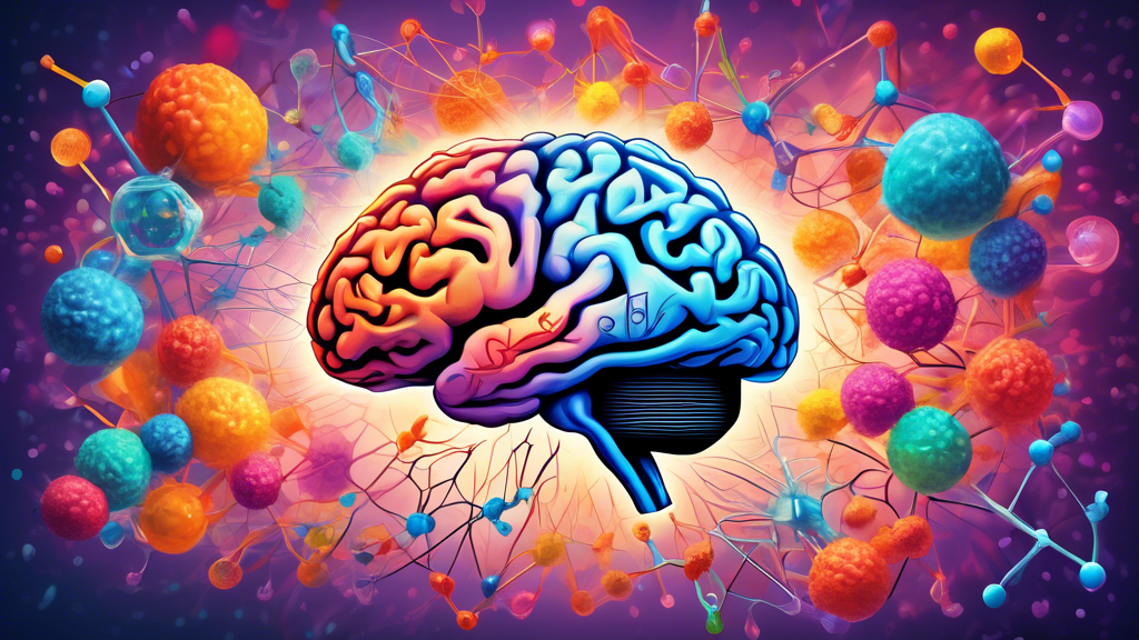 Create a highly detailed and visually engaging image illustrating the concept of the science behind euphoria. Show a human brain with vibrant colors highlighting the neurochemical processes associated with feelings of ecstasy. Include molecular structures like serotonin and dopamine. Feel free to add abstract elements like floating clouds and symbols of happiness to capture the essence of being on Cloud 9. Use a mix of medical and whimsical styles to make the scientific aspect visually appealing.