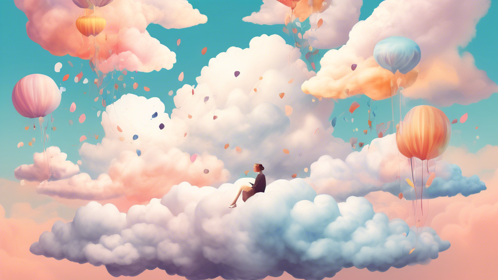 Create an image that visually encapsulates multiple ways to achieve the euphoric state known as Cloud 9. The illustration should feature various elements such as people experiencing significant life events (like weddings or graduations), individuals practicing mindfulness or meditation, engaging in hobbies, or spending quality time with loved ones. Include dreamy, soft clouds floating around to symbolize Cloud 9 and a warm, uplifting color palette to enhance the feeling of happiness and well-being.