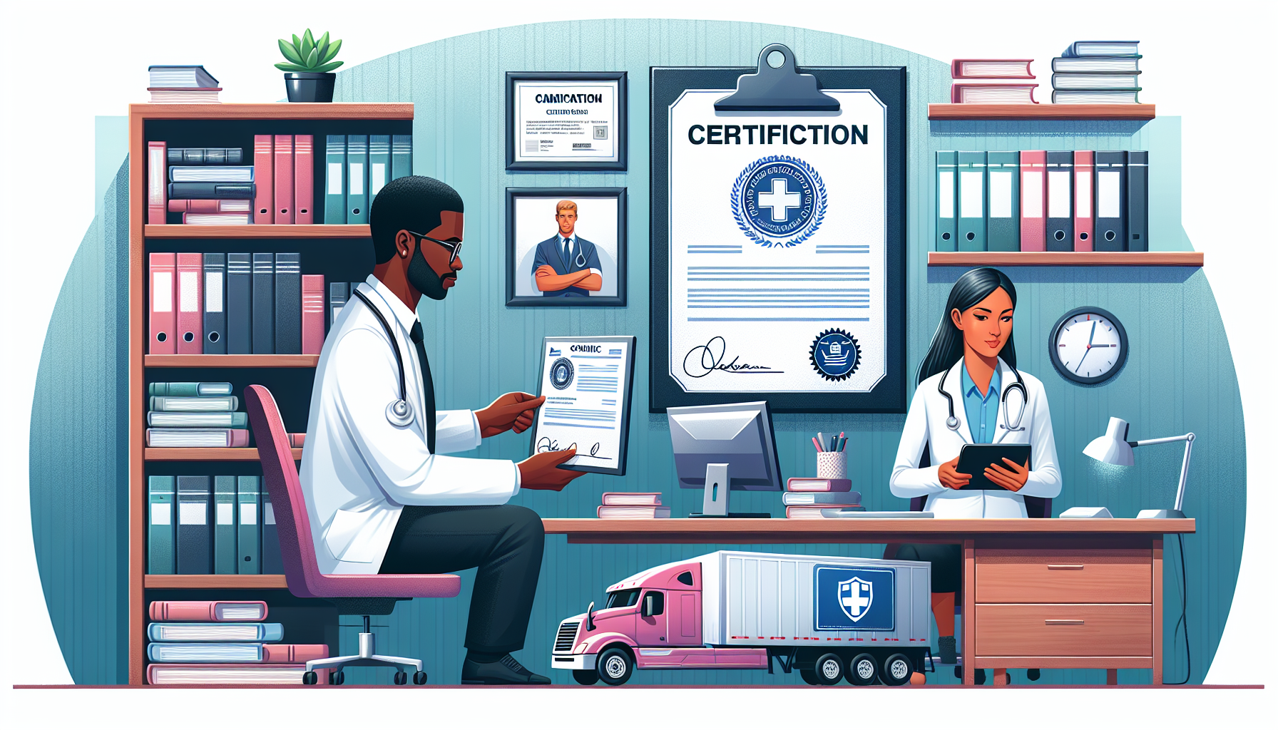 An attentive doctor examining the certification on the wall in a modern clinic office, surrounded by medical books and a computer showing the FMCSA website, while a commercial truck driver reads feedback from other drivers on a tablet.