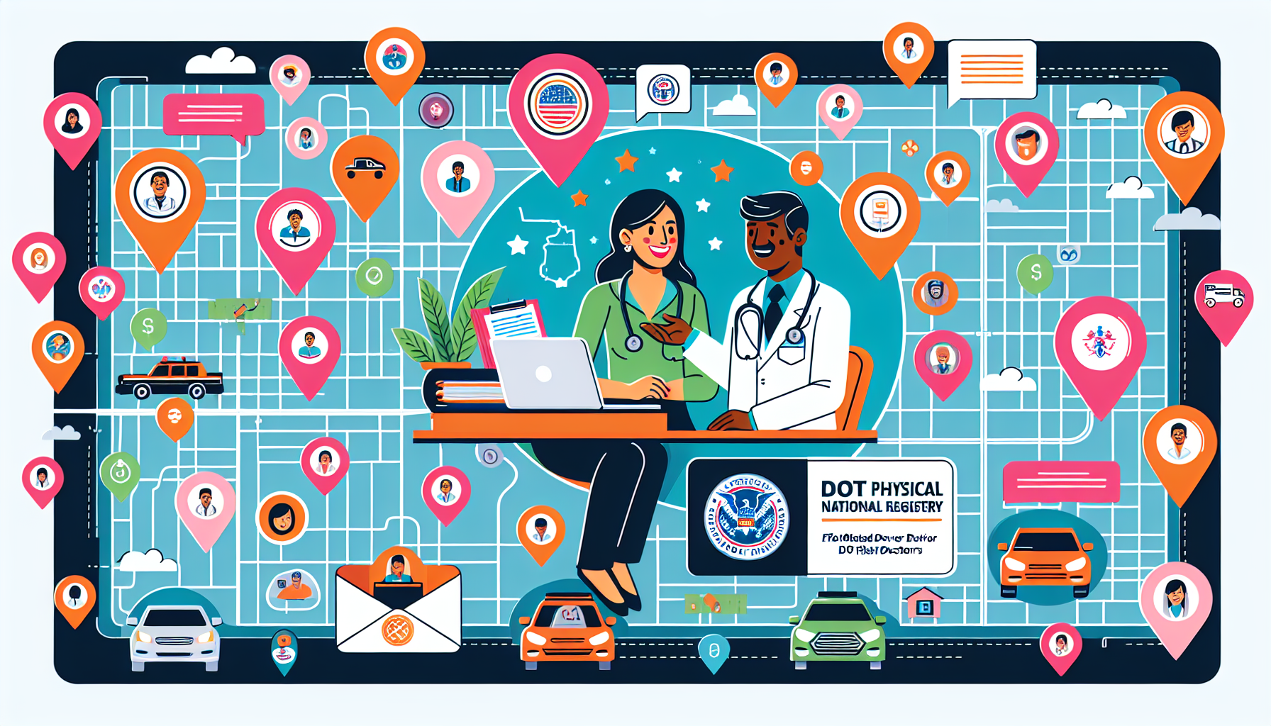 An illustrated map showcasing various locations marked with icons representing qualified DOT physical doctors, with an inset featuring a smiling driver consulting a doctor in an office. Highlight the FMCSA National Registry logo on the map, and include dialogue bubbles over driver communities discussing recommendations.
