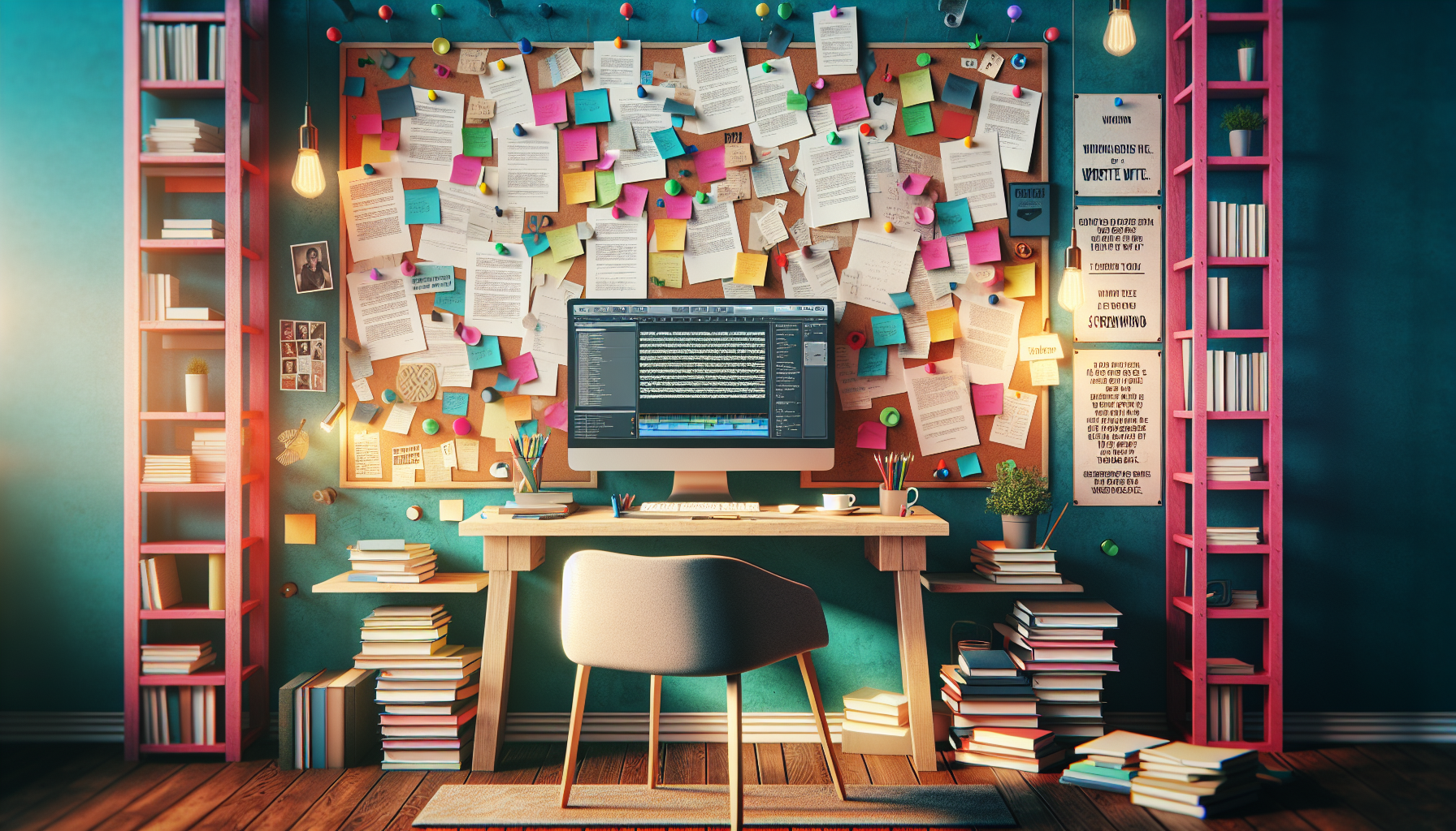 Create an image that portrays a cozy writing space filled with a variety of tools that screenwriters use. The scene should include a desk with a computer showing a screenwriting software interface, a corkboard with pinned notes and character sketches, stacks of screenplay drafts, and scattered notepads with scribbled ideas. Include a cup of coffee and some motivational quotes about writing.