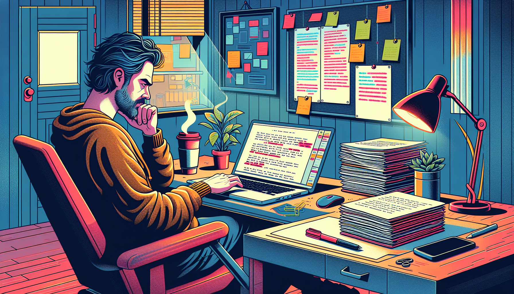 Create an image showcasing a screenwriter diligently revising their script in a cozy home office. The scene should include stacks of edited script pages, a laptop with screenwriting software open, a bulletin board with plot points, and a coffee cup. The atmosphere should convey the dedication and focus required for perfecting a screenplay. Include subtle details like a red pen, highlighter marks on the script, and notes giving feedback.