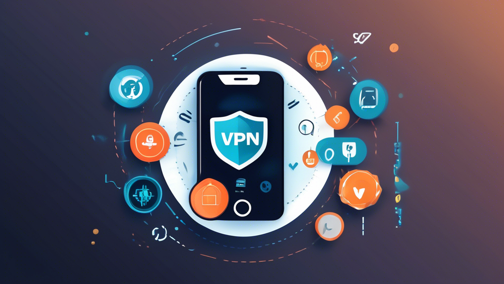 Create an image that illustrates the key features to look for in the best free VPN for your phone. The image should show a smartphone with a VPN app interface, highlighting icons and elements representing security protocols (like a shield or lock), speed and performance (depicted with a speedometer), and user-friendliness (illustrated with a hand easily navigating the app). The background should include subtle graphics of encryption codes and waves symbolizing internet connectivity, giving an overall modern and secure feel. Make the phone and icons visually appealing to convey the reliability and ease of the VPN service.