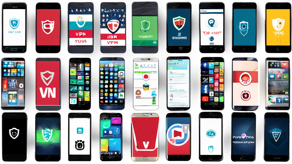 Create an image showcasing a collage of different smartphones displaying popular VPN apps on their screens. Each phone should have a different VPN app open, highlighting some well-known free VPN services. The background can feature a subtle digital network design with padlock icons to represent security. Add a banner at the bottom with the text 