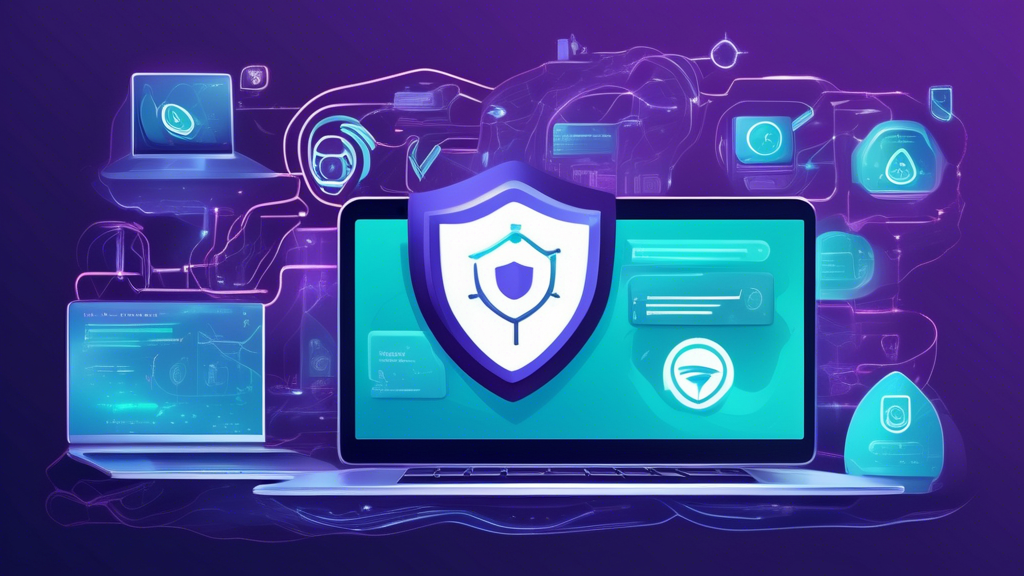 Create an image showing the advanced security features of PureVPN in a digital environment. The image should include a futuristic, high-tech interface, with elements such as encrypted data streams, a secure shield icon, and various devices (laptops, smartphones, tablets) protected by a single VPN network. Highlight the text Proteggi la tua Privacy prominently.

Prompt: A futuristic, high-tech interface showcasing the advanced security features of PureVPN. The image includes encrypted data streams, a secure shield icon, and various devices like laptops, smartphones, and tablets connected to a single VPN network. Highlighted text 