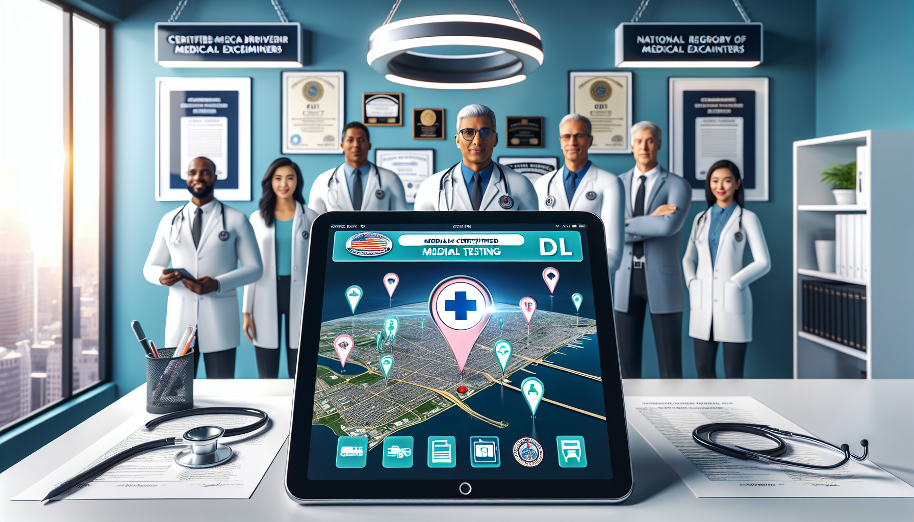 DALL-E prompt: Illustrate an organized, modern clinic setting showing a map on a digital tablet displaying multiple pins indicating various locations of certified CDL DOT medical exam facilities across a city map. Include identifiable medical tools and a visible sign showcasing the FMCSA