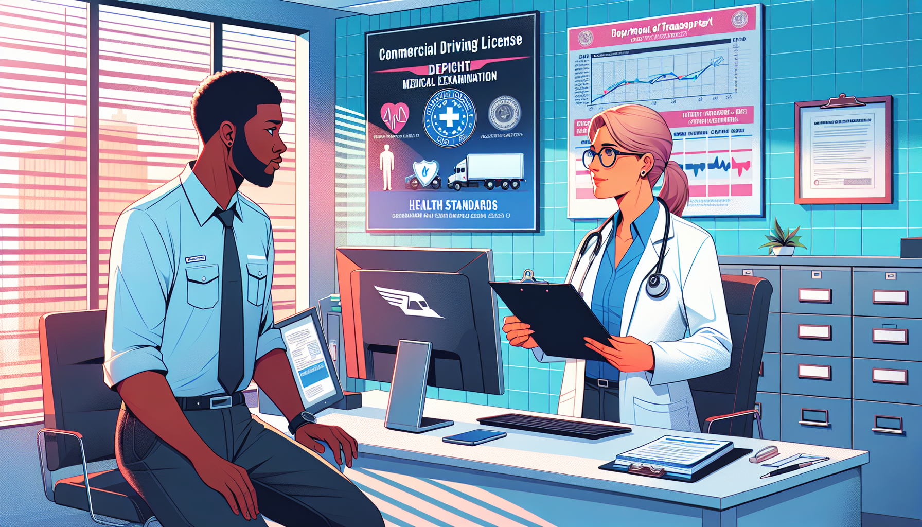 DALL-E: Create an image depicting a calm and professional medical office setup with a doctor and a commercial truck driver during a CDL DOT medical examination. The doctor, wearing a white coat and glasses, is reviewing a clipboard while the driver, in a blue uniform, listens intently. Include posters on the wall regarding CDL health standards and a computer showing the FMCSA website on the desk.
