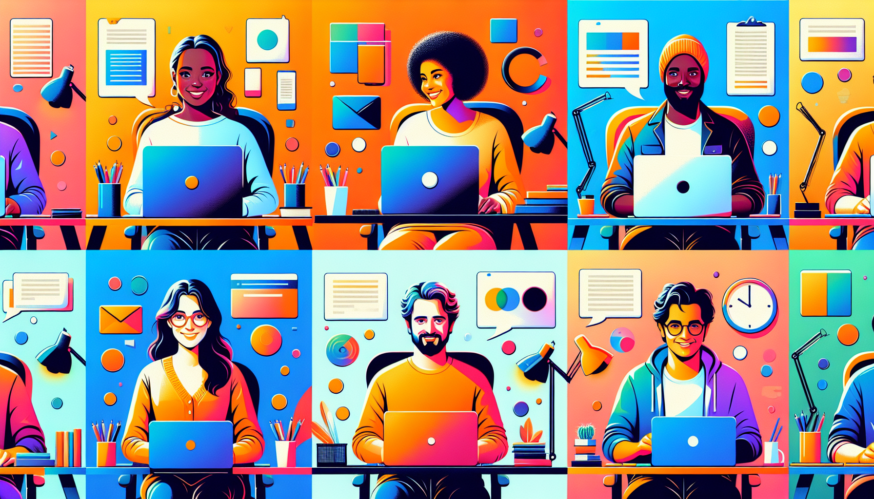 Create an image depicting a diverse group of screenwriters using Trelby on different types of devices (laptop, desktop, tablet) with various operating systems like Windows, Linux, and macOS. The scene should highlight the cost-effectiveness by showing a 