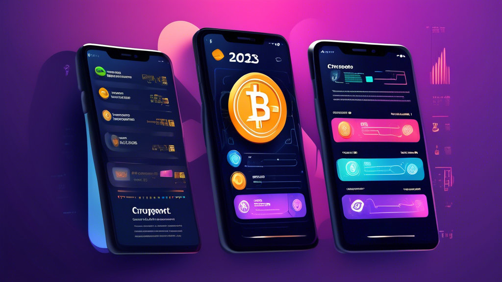 Create a detailed digital illustration comparing three top cryptocurrency apps of 2023, each showcased on a smartphone screen. The scene should feature a sleek, modern layout with each phone displaying distinct features of the apps. Smartphone 1 (left) should highlight unique features and benefits, with a pros and cons chart, Smartphone 2 (center) showcasing standout features, with a pros and cons chart, and Smartphone 3 (right) displaying key strengths and functionalities, with a similar pros and cons chart. Surrounding the phones, include subtle technology-themed background elements, like data graphs, blockchain icons, and a light, professional color palette, to emphasize the focus on cryptocurrency. Title the image ‘Top Cryptocurrency Apps of 2023: Detailed Comparisons’ at the top in bold, modern typography.