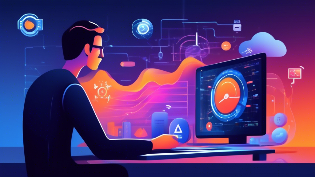 Create an image that illustrates the improvement of internet speed using SmartDNSProxy VPN. The scene should show a person happily using their computer, with visual elements like speedometer icons showing high speed, reduced latency symbols, and a comparison chart highlighting the superior performance of SmartDNSProxy VPN compared to other services. The background should include digital networks or data flow graphics to emphasize speed and connectivity.

Keyword: smartdnsproxy vpn.