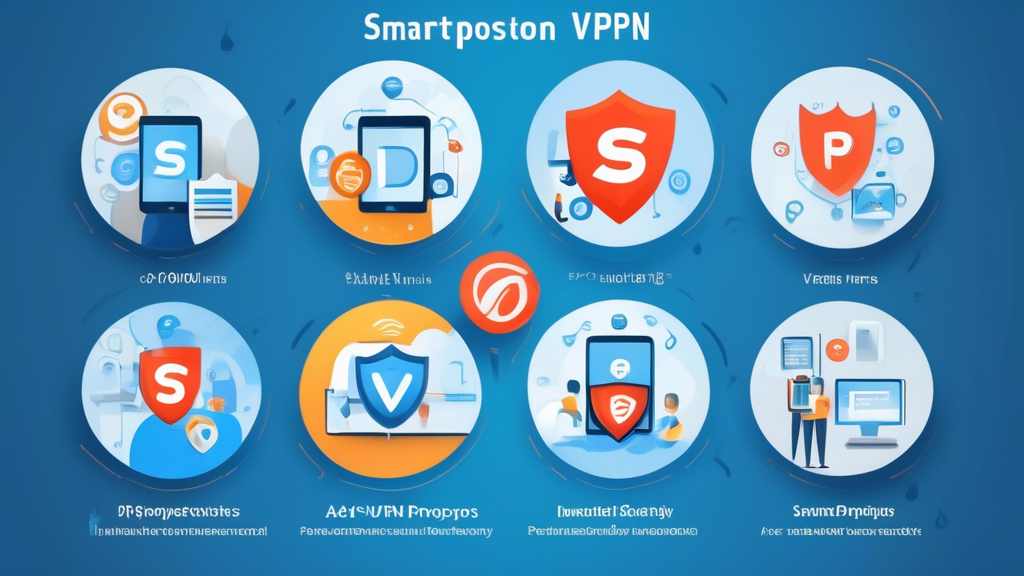 Create an image that depicts the additional benefits of using SmartDNSProxy VPN for your internet connection. The image should showcase compatibility with multiple devices like smartphones, tablets, and laptops. It should also highlight features such as ad blocking and malware protection, as well as visually represent the cost-benefit of different subscription plans. Include elements that suggest security, such as a shield or lock icon, to reinforce the security aspect of SmartDNSProxy VPN.