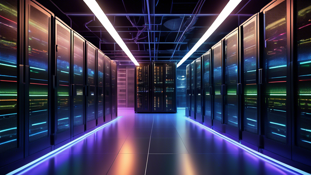 A high-tech server room with rows of sleek, modern servers labeled 