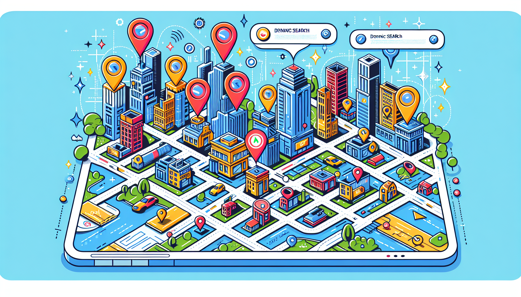 An interactive digital map pinpoints various certified DOT physical locations in a bustling city, highlighting facilities accredited by the FMCSA with dynamic search options and real-time updates.