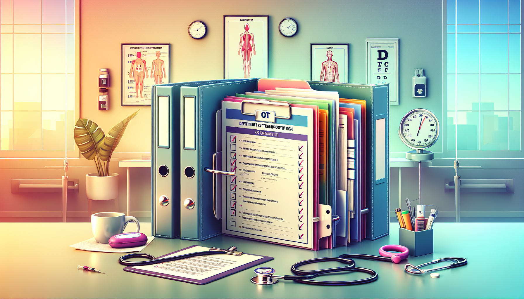 Image of a well-organized folder containing various documents and medical records, subtly highlighted beside a checklist of items required for a DOT physical appointment, set against a serene background of a clean medical office where a stethoscope, blood pressure cuff, and eye chart are visible, symbolizing a professional and prepared atmosphere for a DOT physical examination.