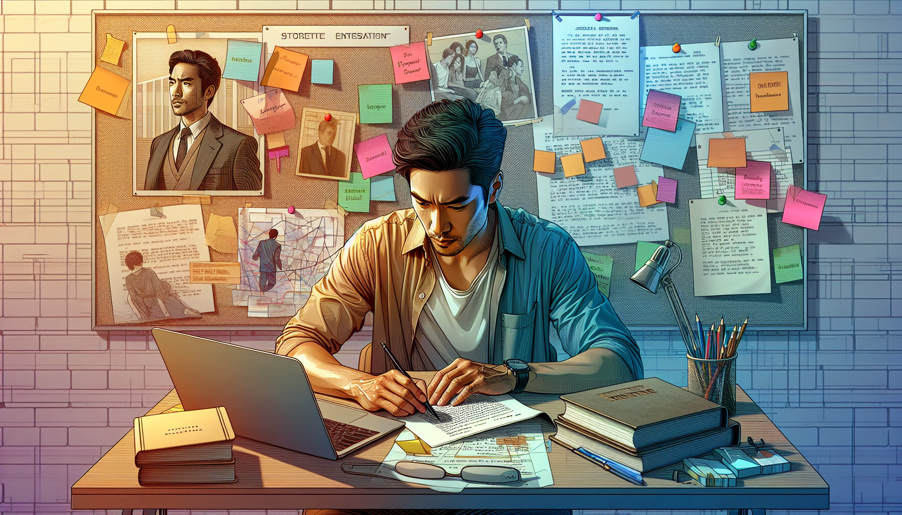 Create an image featuring a focused writer at their desk, surrounded by a well-organized environment that includes a laptop with a screenplay open, sticky notes with character notes, a well-worn notepad, and scriptwriting books. The background can include a bulletin board with story maps and character arcs. The atmosphere should be illuminated with soft, creative lighting, emphasizing a sense of diligence and imagination. This scene should visually represent the honing of screenwriting skills and advanced techniques in character development, dialogue creation, and plotting. Keywords: study screenwriting, screenwriting skills, character development, dialogue creation, plotting.
