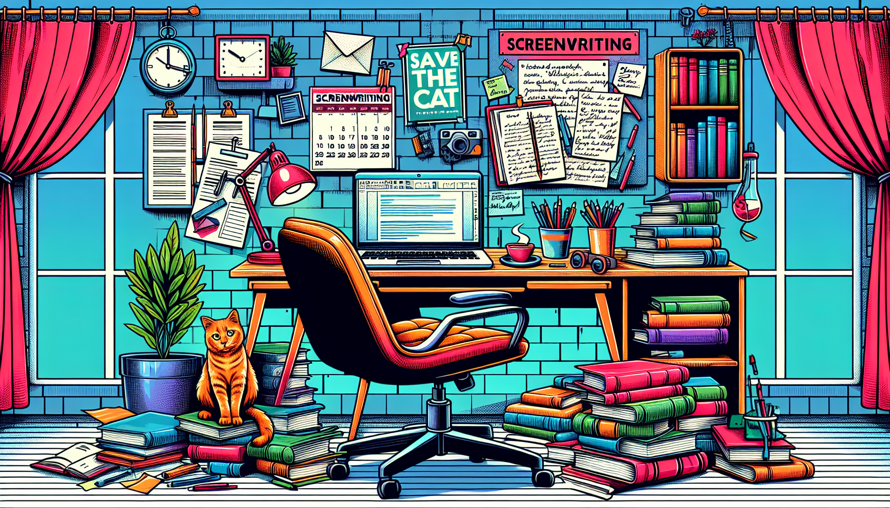 Create an image of a modern workspace equipped with various screenwriting resources and tools. The scene should include a laptop displaying screenwriting software, a stack of popular screenwriting books like Save the Cat and Story, notebooks filled with handwritten notes, a calendar with a scheduled screenwriting course, and a comfortable chair. The atmosphere should be inspiring, reflecting a dedicated space for study and creative writing. Keywords to integrate: study screenwriting, screenwriting resources, screenwriting tools, screenwriting books.