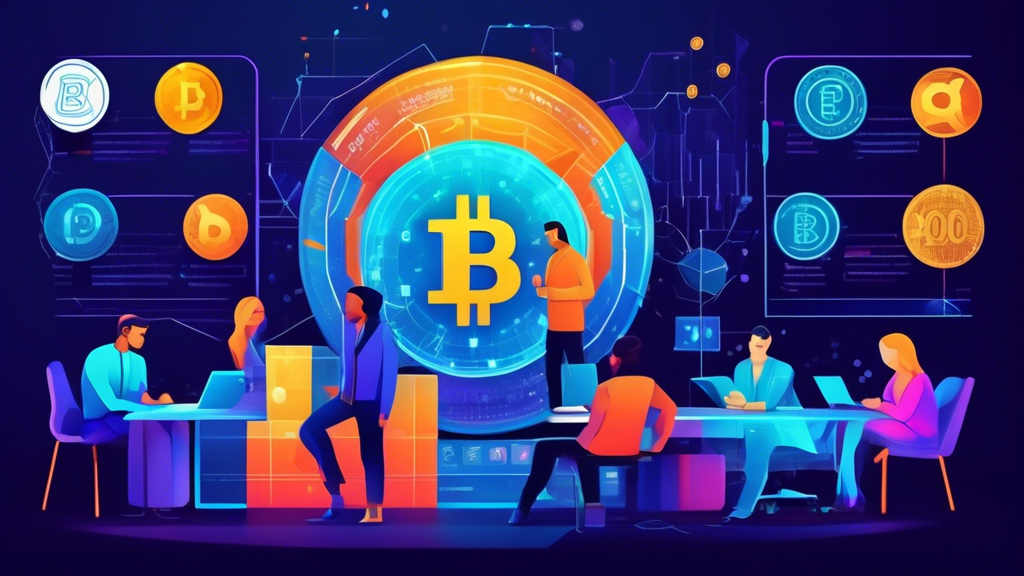 Create an image depicting crypto researchers analyzing various digital currencies and blockchain networks, highlighting indicators such as innovative technology, strong community support, and current market trends. The scene should include futuristic elements, charts, and data analytics to convey thorough evaluation processes. Use vibrant colors to emphasize the dynamic and evolving nature of identifying potential 100x crypto projects.