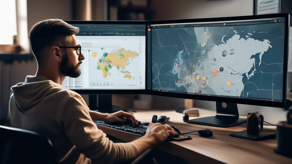 A person sitting at a computer desk, their monitor displaying the Atlas VPN interface. Step-by-step visuals show the installation and configuration process of Atlas VPN. In the background, symbols of security and anonymity like padlocks, shields, and incognito figures subtly appear. The scene also includes visual elements like a world map with location pins, illustrating bypassing geo-restrictions for accessing global content. The overall mood is informative and secure.