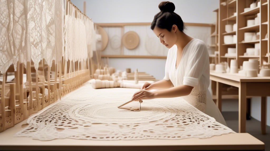 Create an image showcasing the intersection of traditional lace-making techniques with modern technology and innovative materials. The scene should depict a skilled artisan working at a lace-making machine that combines traditional handcraft with advanced technology, such as 3D printing or computer-aided design tools. Surround the workspace with spools of various new, sustainable materials, like biodegradable threads or recycled fibers. The background should include design sketches and digital screens displaying intricate lace patterns, highlighting the harmonious blend of old-world craftsmanship and futuristic innovation.