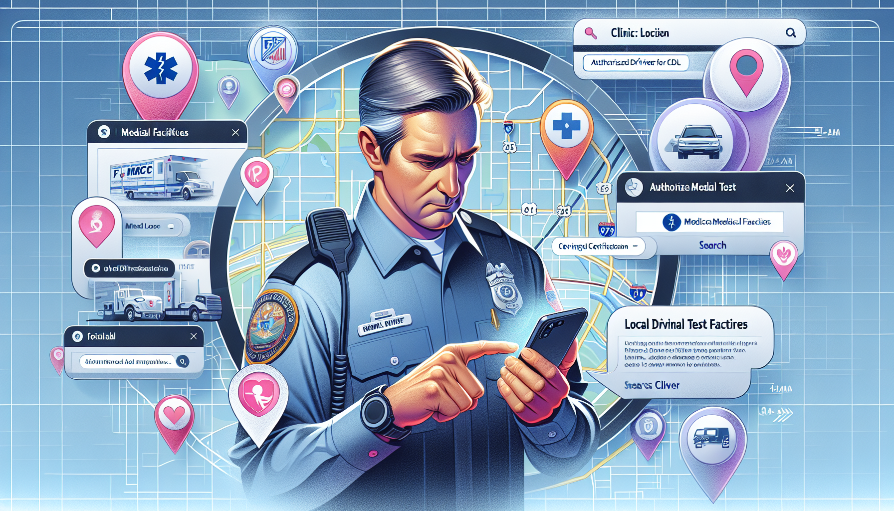 Detailed illustration of a commercial driver using a smartphone to search the FMCSA website for authorized nearby medical test facilities for CDL certification, with icons showing different search options like online directories and local driving schools, placed in a semi-transparent layer over a map showing various clinic locations in the background, symbolizing convenience and accessibility.