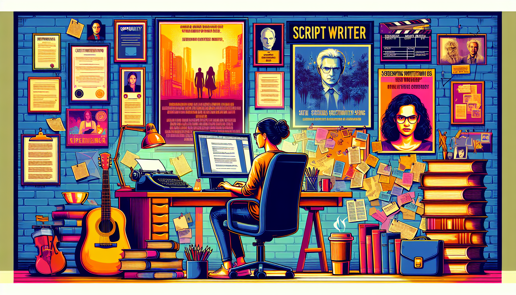 DALL-E prompt: Create an image of a professional script writer in an inspiring work environment. The writer, surrounded by books, scripts, and a computer, is seen engrossed in writing. In the background, there are framed degrees on the wall and notable film posters. A bulletin board with networking contacts, opportunity flyers, and a few personal mementos is also visible. Include elements like a coffee cup, scriptwriting software, and an inspirational quote from a renowned professional script writer to emphasize the tips and advice part.