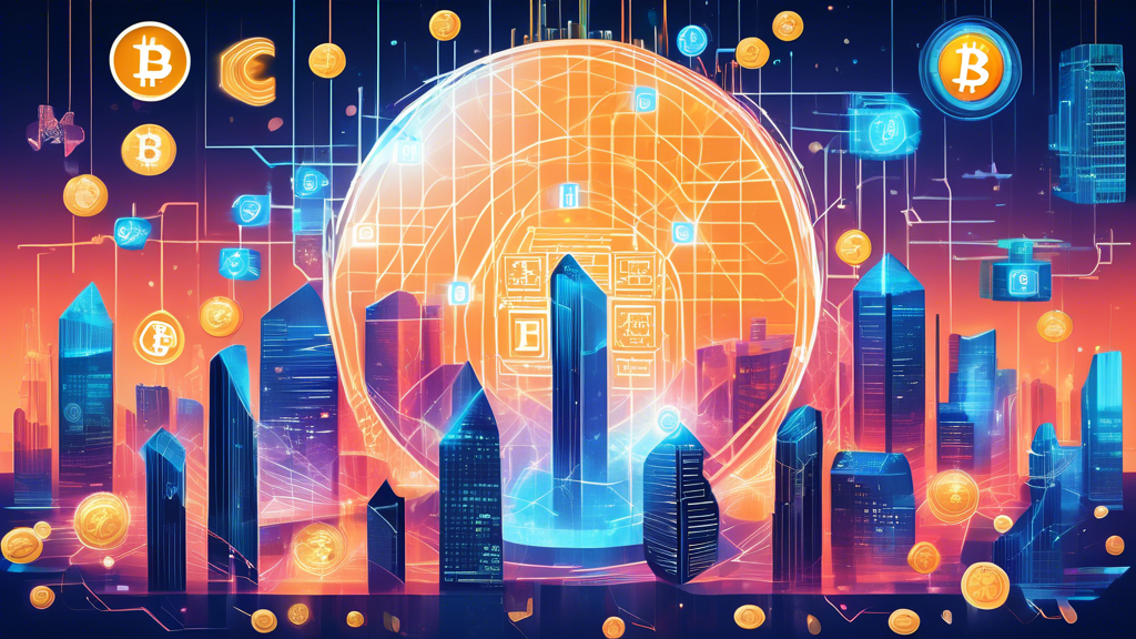 Create an image depicting the impact of cryptocurrency on modern finance: Show a vibrant financial cityscape with traditional banking institutions on one side and digital cryptocurrency elements like blockchain symbols, digital coins, and encryption patterns on the other. Highlight the themes of enhanced security and transparency through visual representations like locked padlocks and transparent ledgers. Include imagery of decentralized networks connecting people across the globe. Incorporate case studies by showing logos or symbols of financial institutions successfully integrating cryptocurrency.