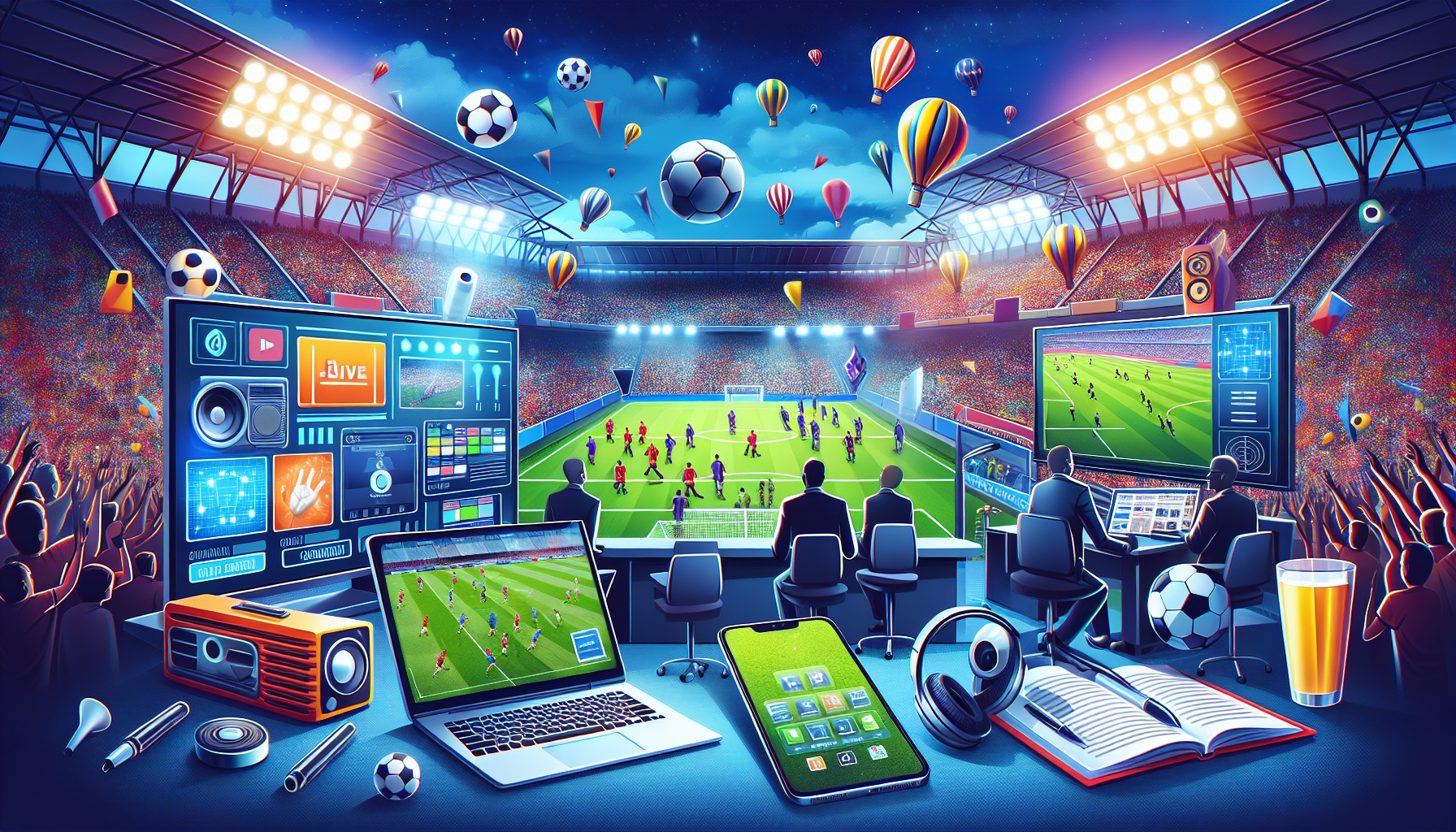 Create an image illustrating various ways to watch and follow a live soccer match today. Include elements such as a television broadcasting the game, a laptop streaming the match on a sports website, a smartphone with real-time social media updates, and a radio providing live commentary. Make sure to incorporate pre-match analysis setup with experts behind a desk, all against a backdrop of a soccer stadium filled with cheering fans. Keywords: soccer match today, live broadcast, streaming, social media updates, expert analysis.