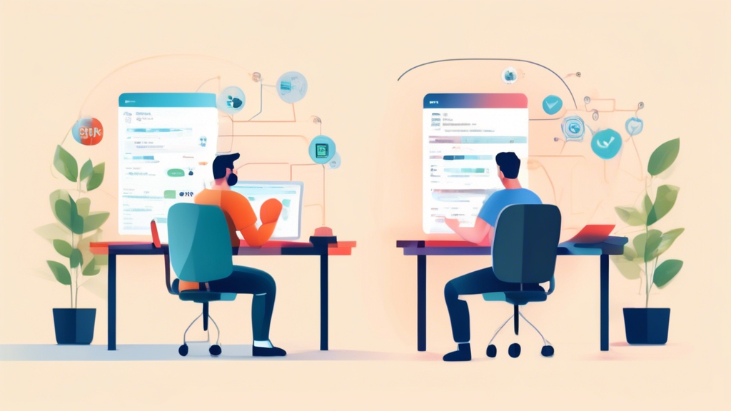 Create an image that represents Tips for Choosing the Right VPN App to Download. The scene should feature a person sitting at a desk, looking at a computer screen that displays several VPN app options side-by-side. Include elements like user reviews, ratings, comparison charts, and feature lists on the screen. The background should subtly suggest a secure and tech-savvy environment, with elements like security icons, encrypted data symbols, and a shield logo. Use a modern, clean, and professional style to convey reliability and trustworthiness.