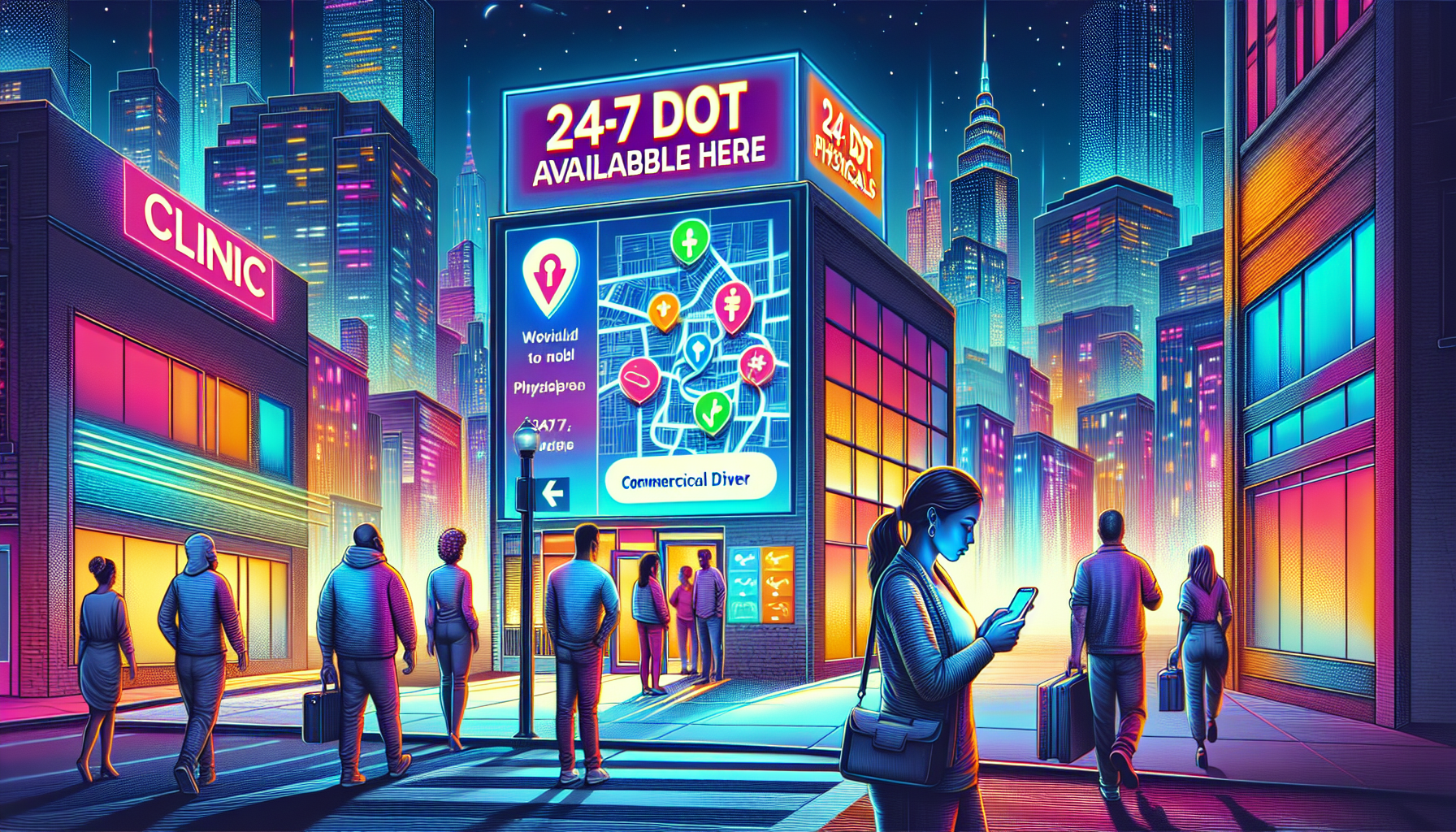 Digital artwork of a bustling urban night scene showing a brightly lit clinic with a 