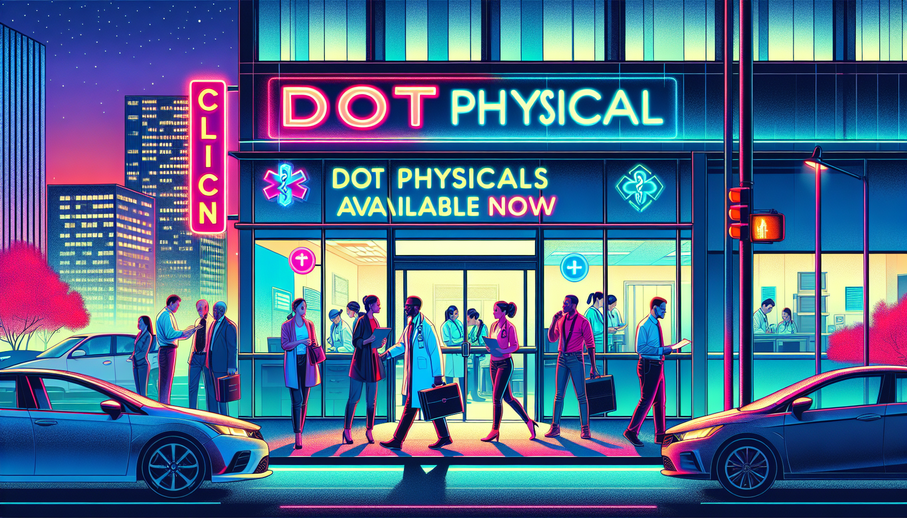 Depiction of a night scene at a busy, modern 24/7 medical center with a glowing neon sign reading 