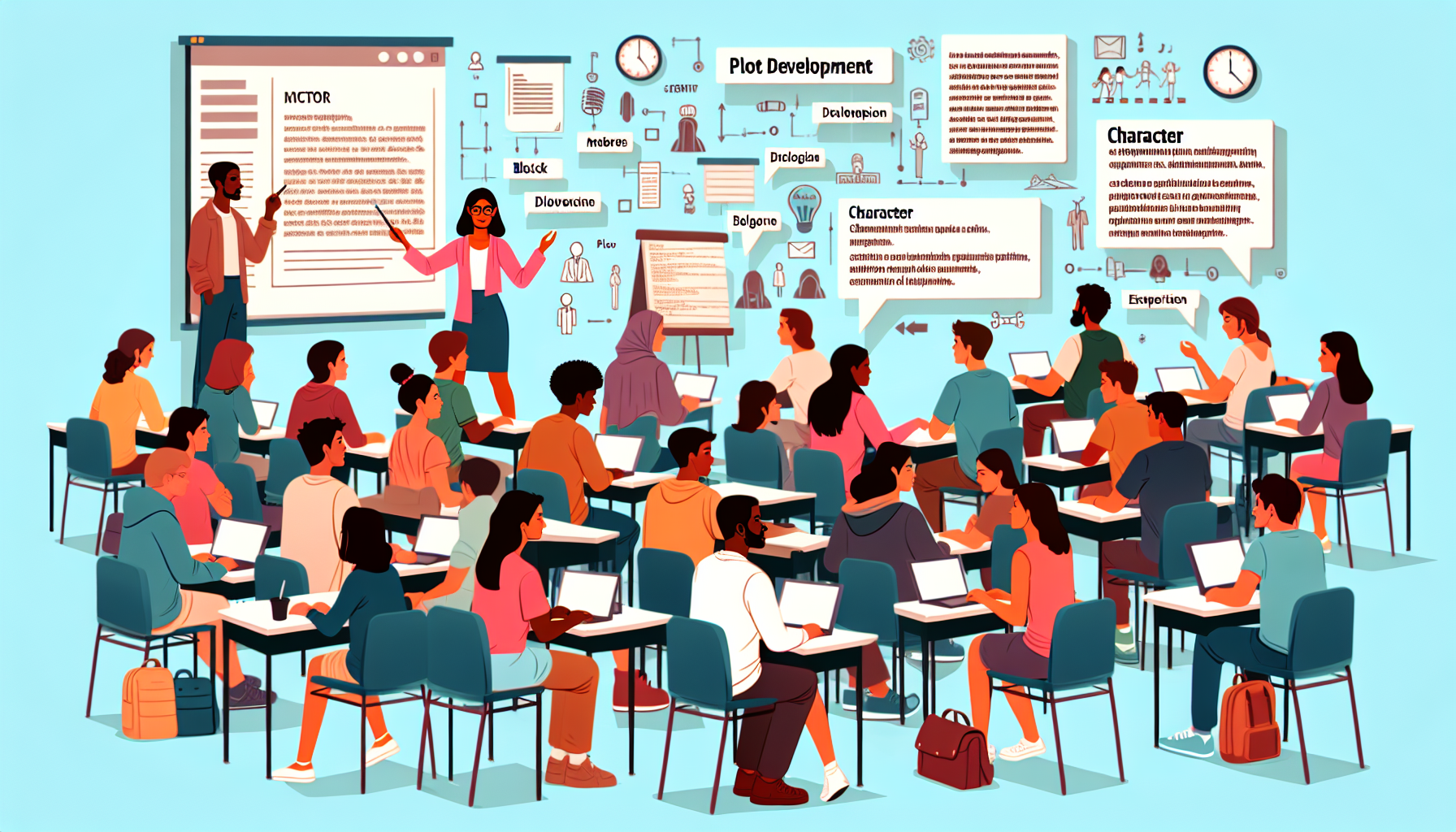 Create an image that showcases a virtual classroom setting for screenwriting with a diverse group of students engaged in learning. Highlight a prominent instructor who exudes professionalism and industry experience, offering guidance to the students. Display elements that represent a comprehensive curriculum, such as diagrams of plot development, character charts, dialogue bubbles, and script formatting templates. Include visual representations of practical assignments and peer reviews, like students sharing feedback on each other