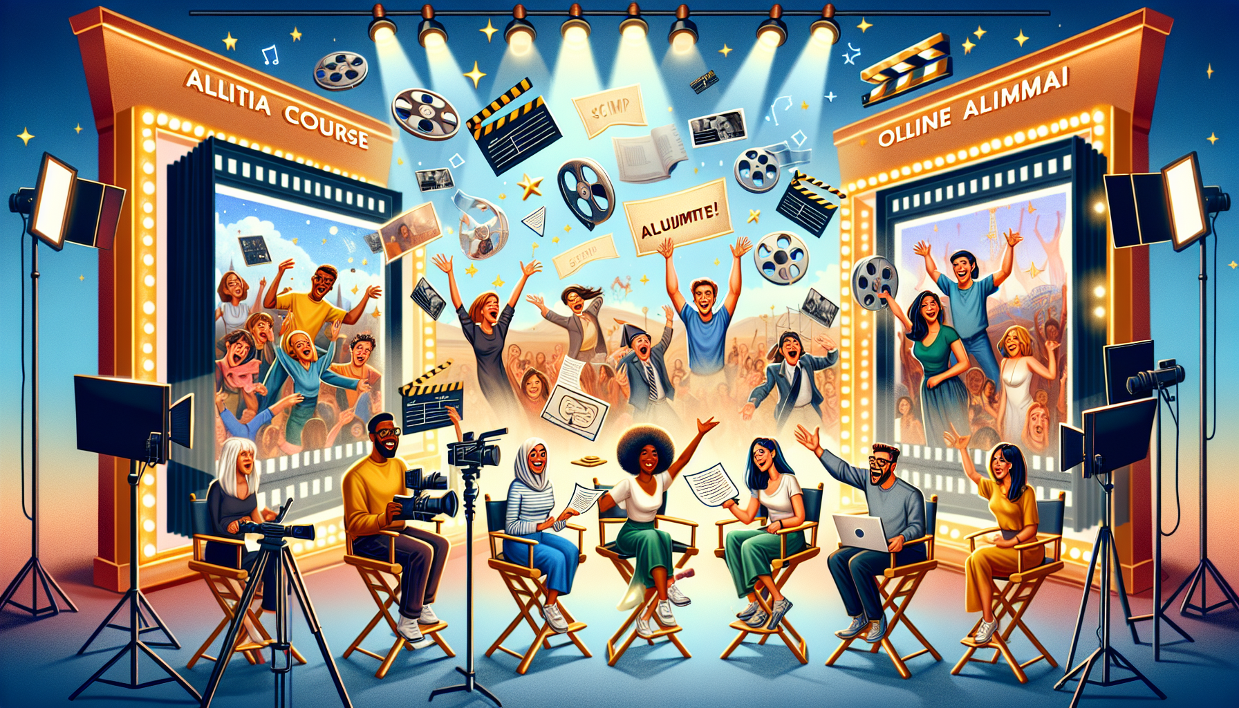 Create an image showcasing the success of Coursera screenwriting alumni, illustrating their transition from learning to professional achievements. Include elements like:
- A diverse group of writers celebrating in a virtual classroom with Coursera branding.
- Testimonials and success stories shown as imaginative headlines on movie posters.
- A cinematic backdrop featuring a film production set with cameras, scripts, and a Director chair.
- Icons of various career paths like film reels, TV screens, and digital media symbols, representing scriptwriting opportunities post-completion.
- Actors performing scenes in the background, highlighting practical application.